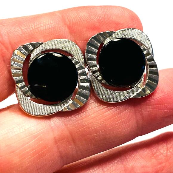 Vintage Cufflinks Textured Dimensional Silver & Polished Black Stones Speidel? - Picture 2 of 6